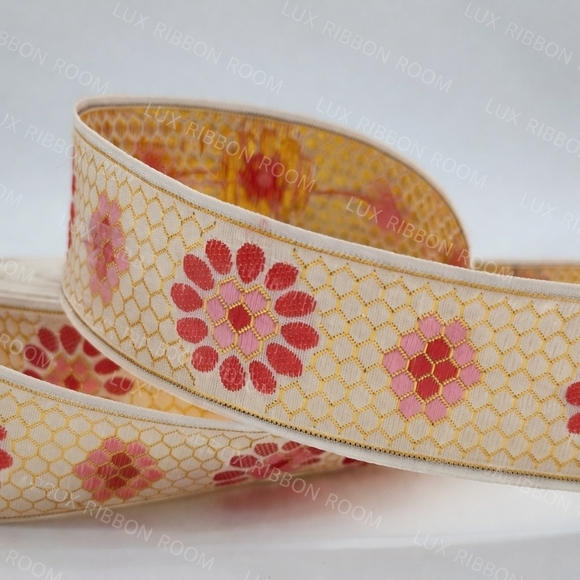 unknown Other - Metallic Jacquard Floral Ribbon Ivory Gold Pink Red Two (2) Yards 1.5”